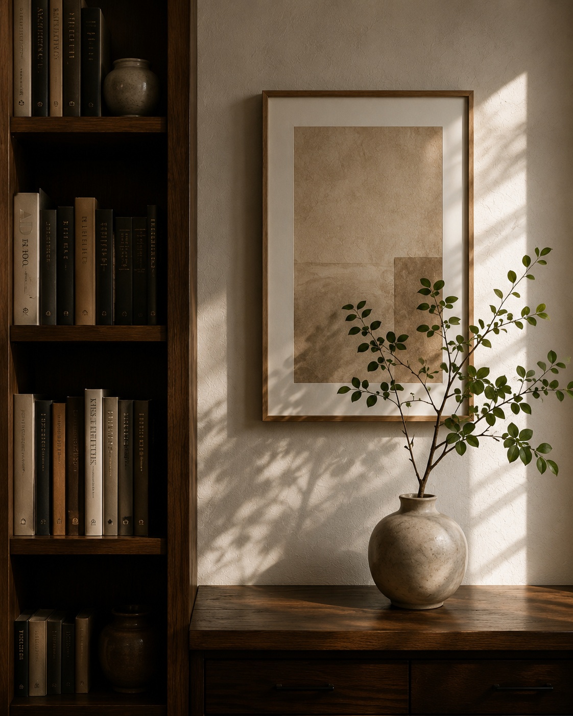 A warm library interior with books, framed artwork, a ceramic vase and eucalyptus branches in natural light.