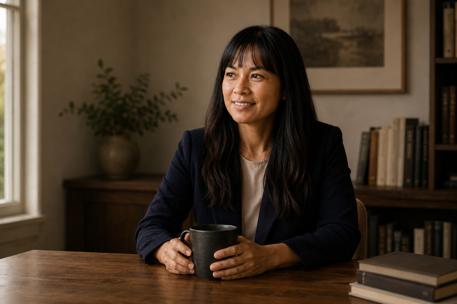 Dee Grieger seated at a timber table holding a dark ceramic cup in a warm editorial interior.