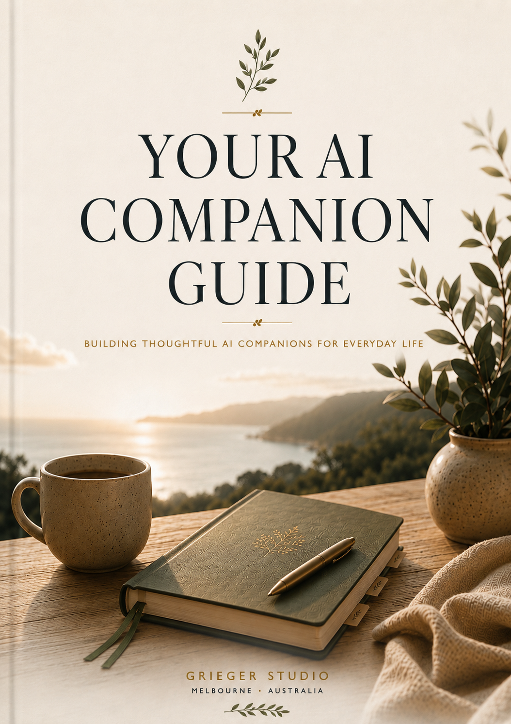 Cover of Your AI Companion Guide, featuring a green journal, ceramic cup, eucalyptus and a warm coastal view.
