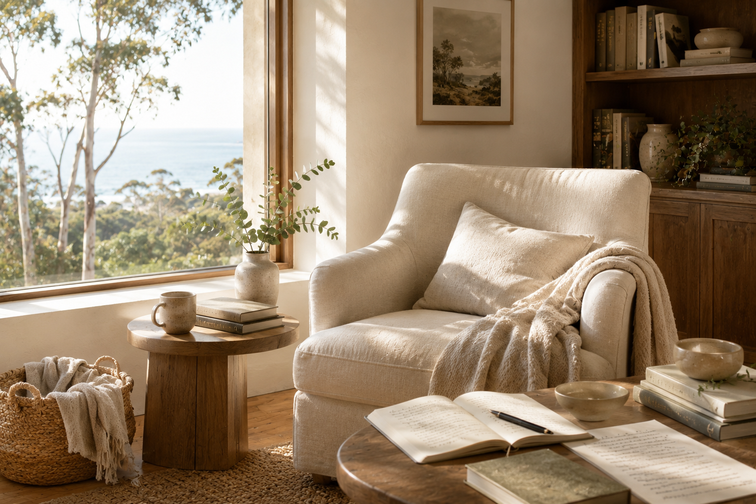 Warm reading corner with an armchair, books and soft natural light