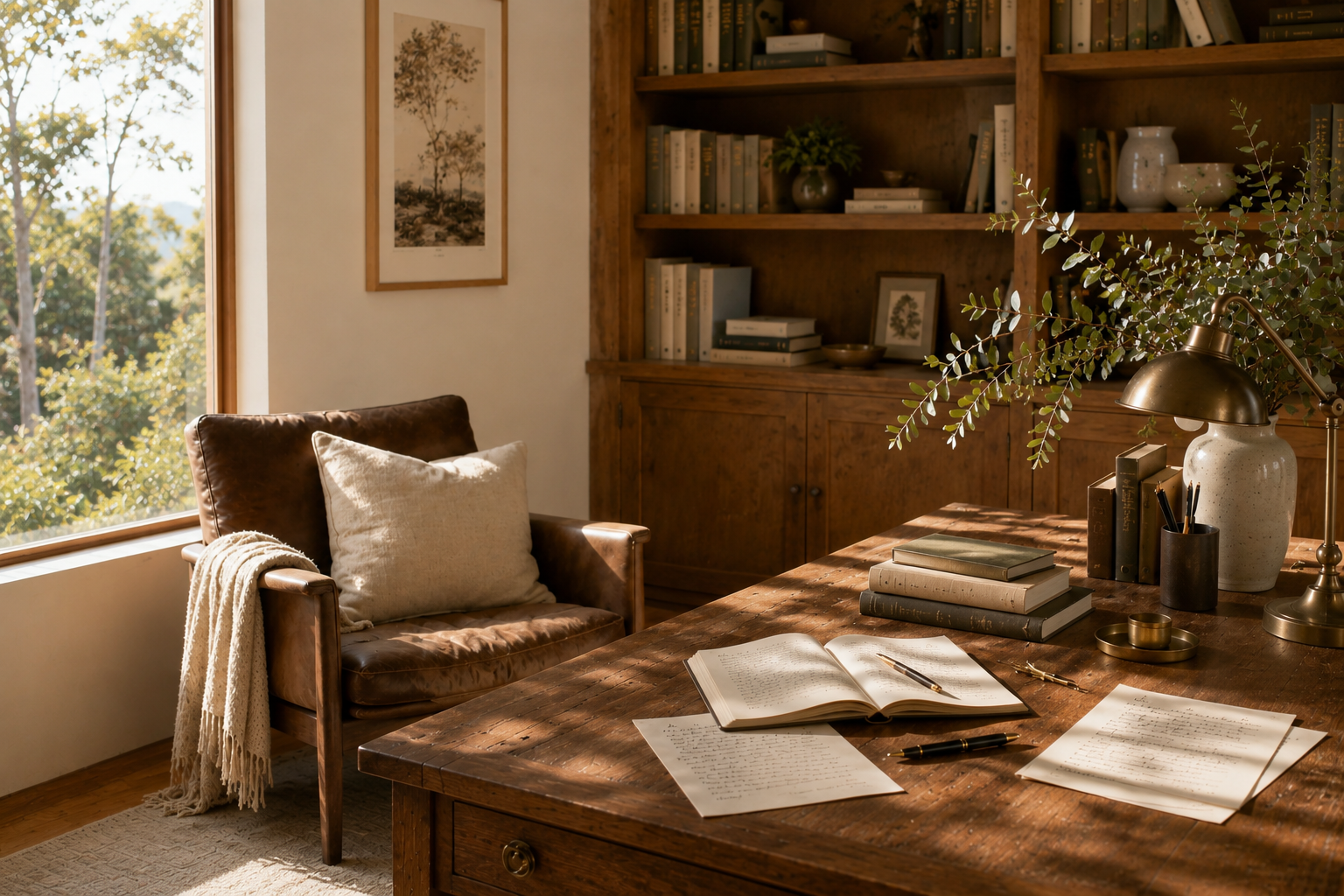 Warm editorial study with books, a leather chair and a writing desk