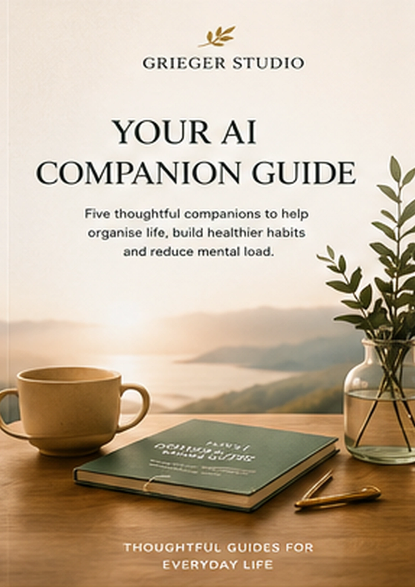 Cover of Your AI Companion Guide, featuring a ceramic cup, green journal, eucalyptus and a warm coastal landscape.