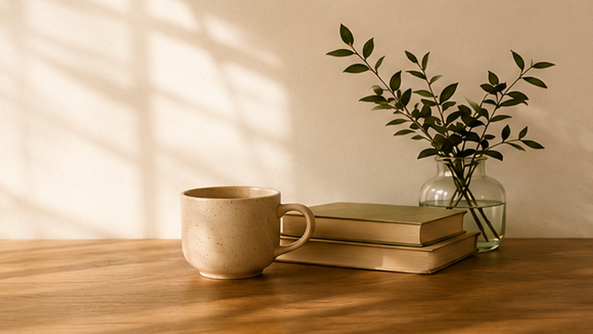 A ceramic cup beside two books and eucalyptus branches in a clear glass vase, lit by warm morning sunlight.