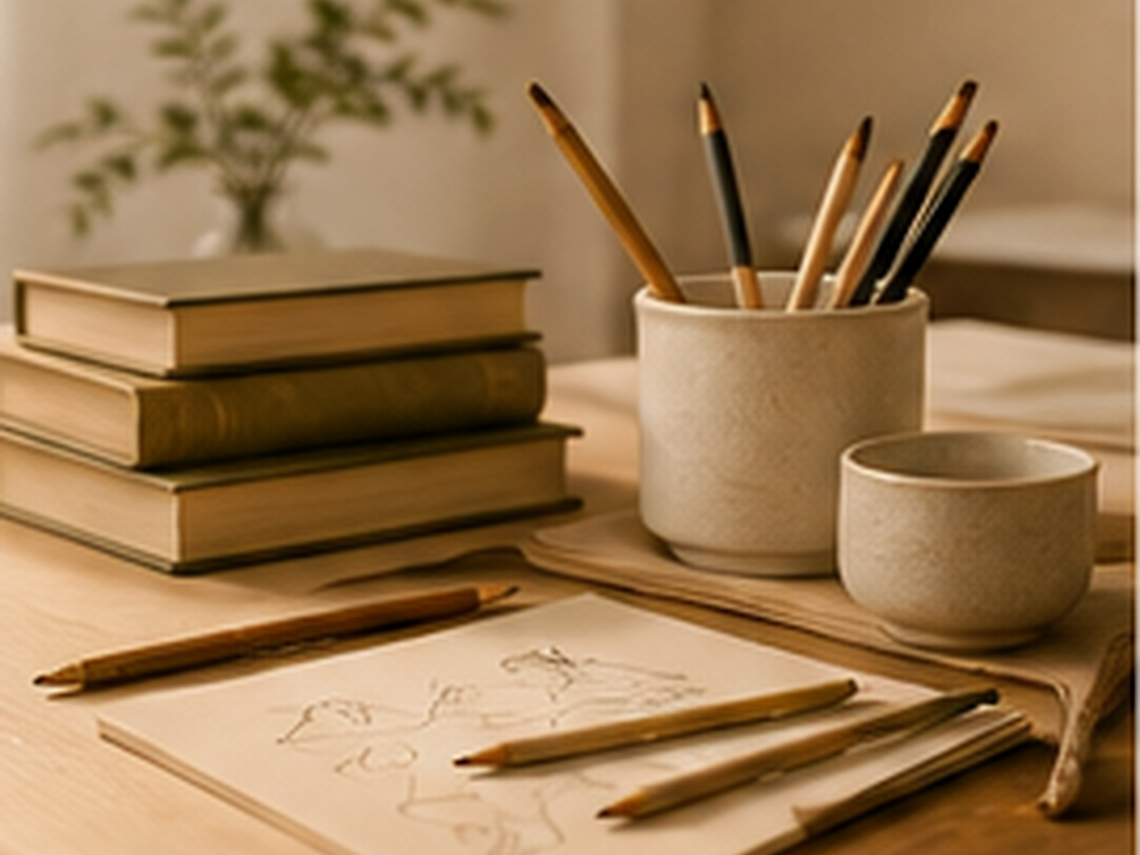 Books, pencils, a sketchbook and ceramic cups arranged on a warm studio desk.