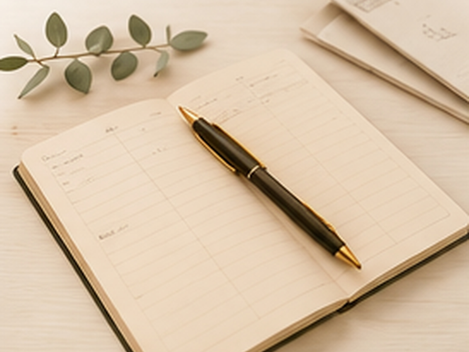 An open planner with a black and gold pen and a eucalyptus stem.