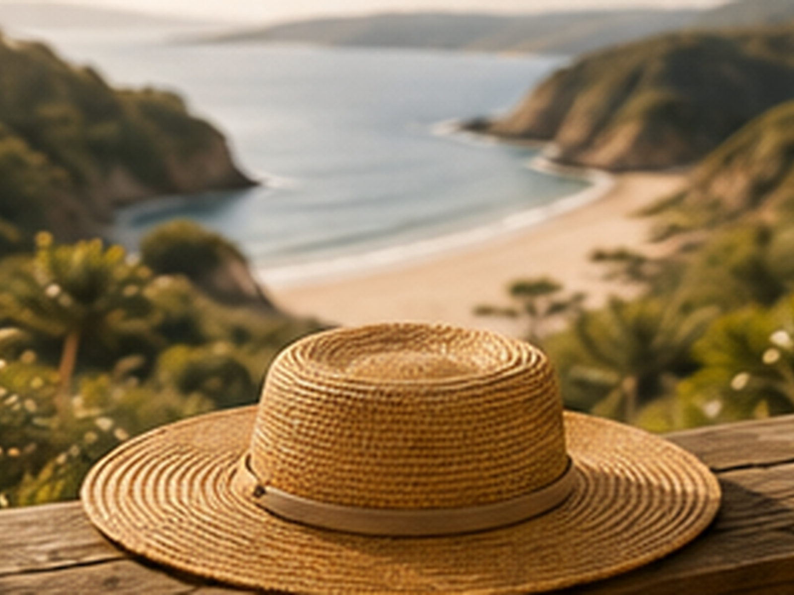A woven sun hat overlooking a quiet coastal bay.