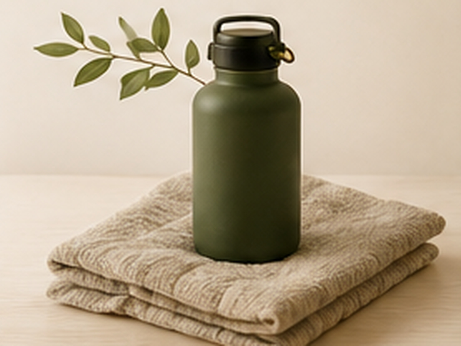 A muted green drink bottle resting on folded textured fabric.