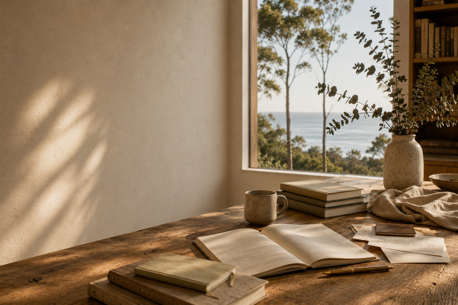 A warm, sunlit studio table with books, an open volume, handwritten notes, a ceramic cup and eucalyptus by a coastal window.